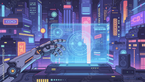 Futuristic city with robotic hand interacting with hologram