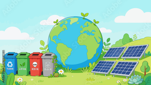 Earth with recycling bins and solar panels