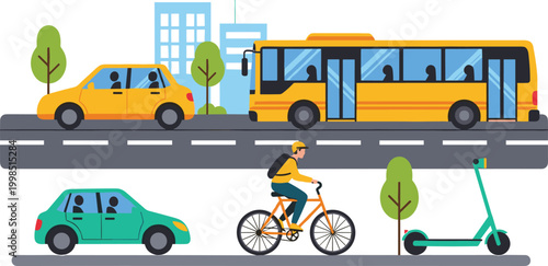 Urban transportation with bus cars bicycle and scooter city mobility vector illustration