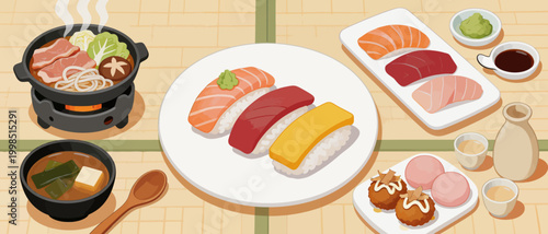 Japanese meal with sushi and hot pot
