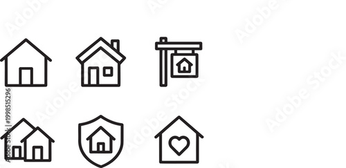 Set of black line icons of houses with various symbols