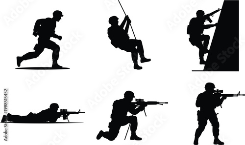 Black silhouettes of armed soldiers performing missions including running shooting and rappelling