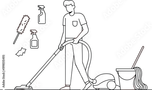 Man cleaning floor with vacuum cleaner black and white vector illustration