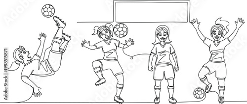 Female Soccer Player in Action Poses with Ball, Minimalist Line Art Illustration for Sports and Athletic Concepts