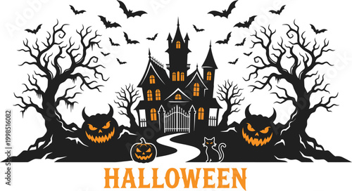 Halloween scene with haunted house, jackolanterns, and bats isolated on white background