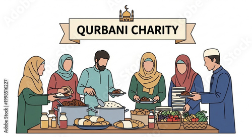 Qurbani Charity illustration Muslim people sharing food at a communal meal concept of sacrifice and giving isolated on white background