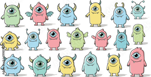 Quadro su tela Colorful Monster Characters with One Eye in Various Poses and Styles, Cute and P