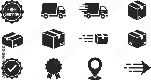 Delivery service and shipping featuring cardboard boxes, trucks and location markers