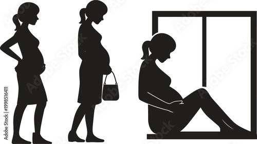 Pregnant woman silhouettes showing stages of motherhood calm moments and daily life