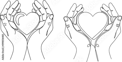 Hands Holding Heart in Minimalist Line Art, Symbolizing Love, Care, and Affection for Romantic and Emotional Concepts