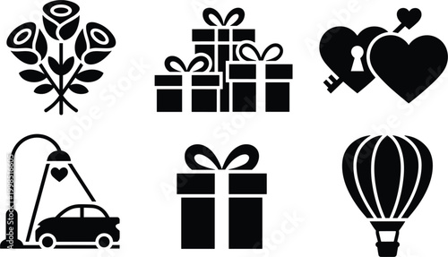 Romantic and gift themed silhouettes featuring roses presents hearts and love symbols