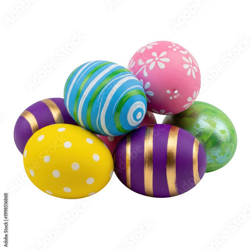 Colorful assortment of striped and polka dot easter eggs in vibrant hues