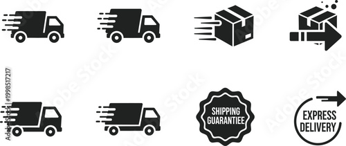 Eight delivery and shipping featuring trucks, boxes, and express service symbols