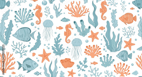 Calm sea life seamless pattern with hand-drawn illustrations of jellyfish, seahorses, fish, and coral in muted tones.