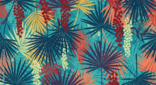 Lush tropical pattern with dark blue palm fronds and hanging clusters of red berries on a turquoise background.