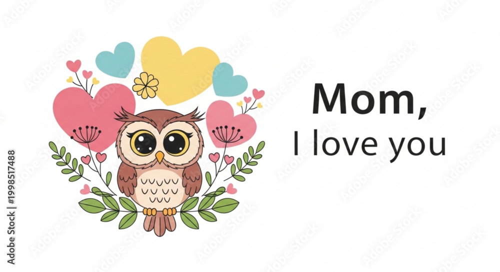 Fototapeta premium Cute owl with hearts and flowers illustration for Mothers Day greeting card or gift mom I love you message