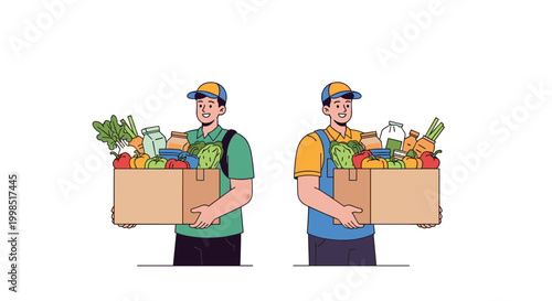 Two grocery delivery service workers in uniform holding large cardboard boxes filled with fresh vegetables and food items.
