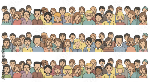 Rows of diverse people faces representing a multicultural and inclusive community in a simple flat character illustration.