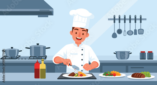 Professional male chef in a white uniform preparing a gourmet meal in a modern restaurant kitchen setting illustration.