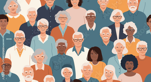 Diverse crowd of senior citizens with gray hair and glasses representing a vibrant community of elderly men and women.