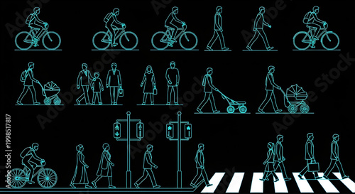 AutoCAD Urban Mobility CAD Block Set – Cyclists Pedestrians Strollers Crosswalk Elevation Blueprint Cyan Outline on Black Background
