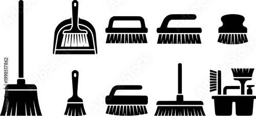 Household cleaning broom and dustpan set icons representing domestic tasks and sanitation for various professional service applications
