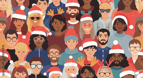 Crowded group of diverse people wearing festive christmas hats and reindeer antlers for holiday season celebration pattern.