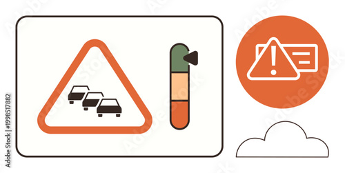 Traffic management, warning systems, road safety, congestion alerts, transportation planning, risk indicators. Warning signs with cars and alert icons. Traffic management and warning systems theme