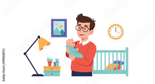 Caring father holding his small baby in a cozy nursery room with a crib lamp and clock in the background illustration.