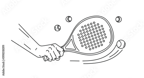 Human hand holding a padel tennis racket with several balls in motion representing popular paddle sport activity.