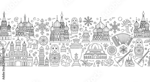 Detailed seamless border pattern of russian traditional elements like matryoshka dolls samovar balalaika and kremlin.
