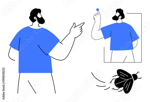 Pest control, observation, reflexes, precision, mindfulness, self-awareness. A man catching a fly while reflected in a mirror. Pest control and observation concepts creatively