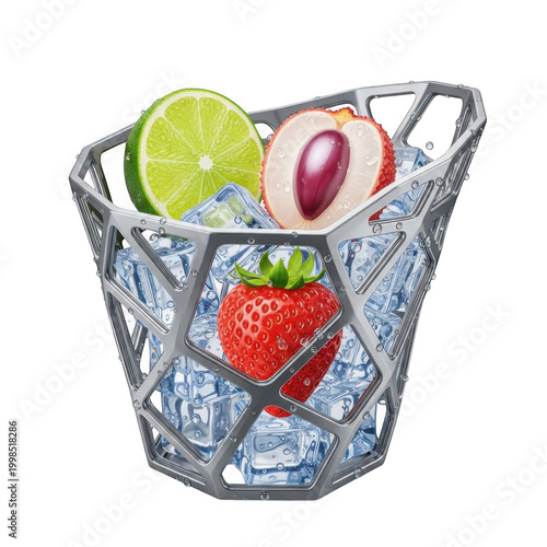 A wire basket filled with fresh strawberries, grapes, and a lemon