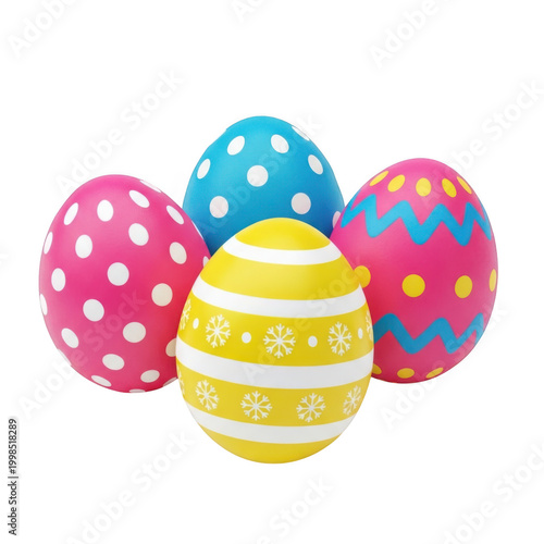 Colorful polka dot decorated eggs arranged in a row