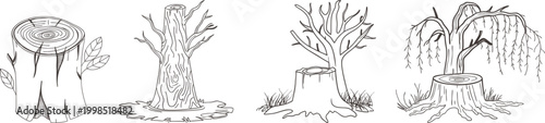 Tree stump and cut trunk line art set, wood log slices with rings and roots, forest deforestation concept illustrations, hand drawn nature elements for ecology, timber industry and landscape design