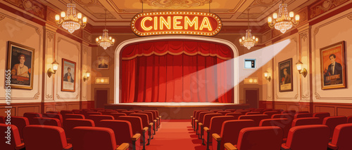 Vintage cinema interior with red seats