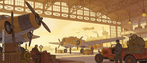 Vintage airplane hangar scene