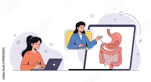 Professional medical consultation takes place online as a doctor explains digestive health using an anatomical illustration on a screen.