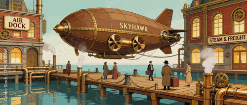 Steampunk airship at dock with passengers