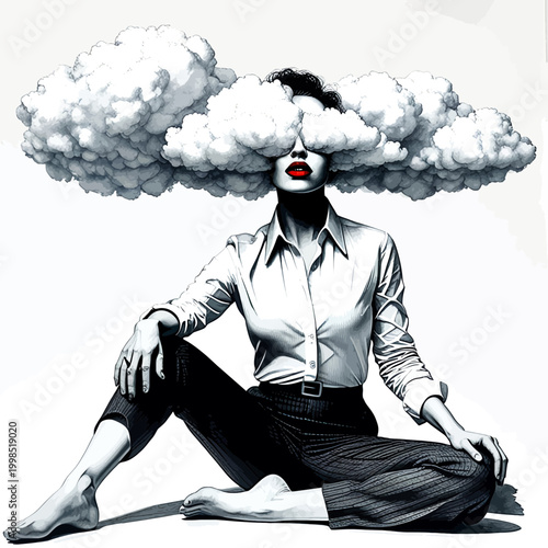 Surreal Black and White Illustration of Sitting Woman with Expansive Clouds Over Eyes and Bold Red Lips