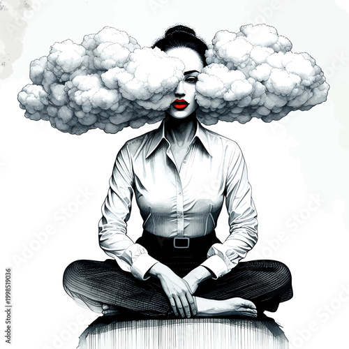 Surreal Black and White Illustration of Woman in Lotus Pose with Symmetrical Clouds and Red Lips