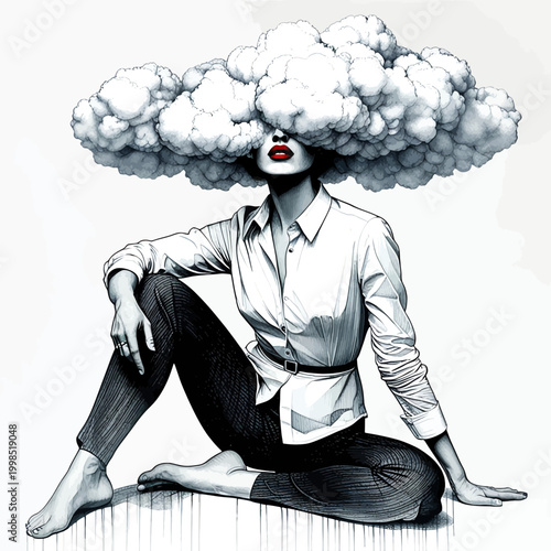 Surreal Black and White Illustration of Woman Sitting with Large Cloud Head and Bold Red Lips Clipart
