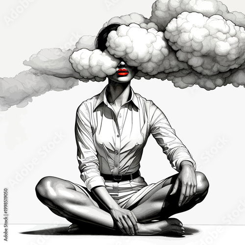 Surreal Black and White Illustration of Woman in Lotus Pose with Expansive Clouds Over Eyes and Red Lips