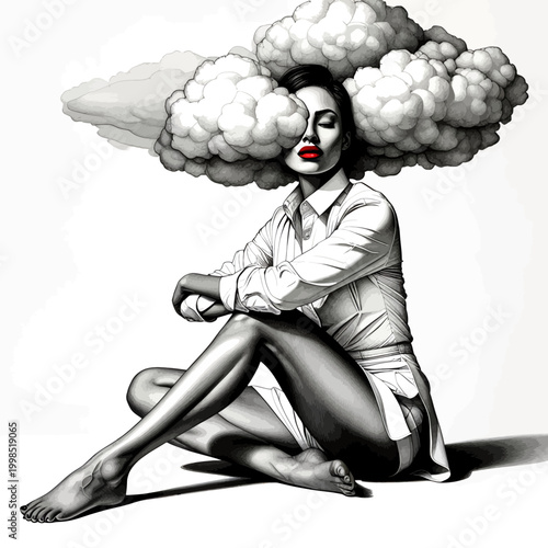 Surreal Black and White Illustration of Woman Sitting with Clouds Enveloping Her Head and Bold Red Lips