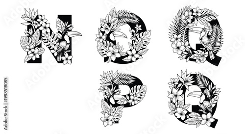 Decorative alphabet set features the letters N through R intricately filled with tropical flowers, palm leaves, and toucans.