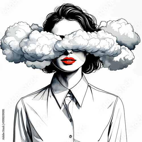 Surreal Black and White Woman Illustration with Drifting Cloud Over Eyes and Bold Red Lips