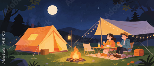 Couple camping under moonlit sky