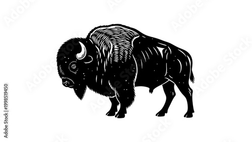 Majestic black and white illustration of a powerful bison, captured in a classic linocut style, ideal for strong branding, logos, and rustic design elements emphasizing wild spirit and heritage