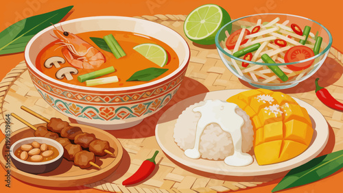 Thai meal with soup rice and salad