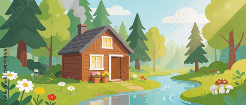 Wooden cabin in forest with stream